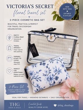 Victoria’s Secret Floral Travel Cosmetic Bag Set NWT Blue White